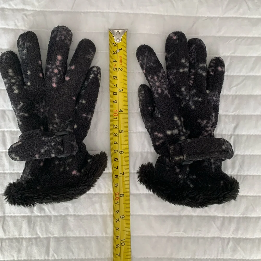 Faded Glory Fleece Faux Fur Gloves Girls L Black Pink White Adjustable Snowflake
